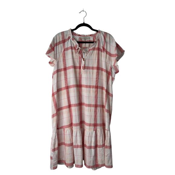LOFT Dresses & Skirts - Loft Gauzy Picnic Dress XL Red White Plaid Flutter‎ Sleeves Ruffle Hem No Belt